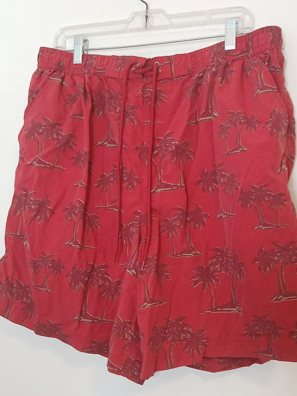 Red Palm-Print Men’s Drawstring Swim Trunks